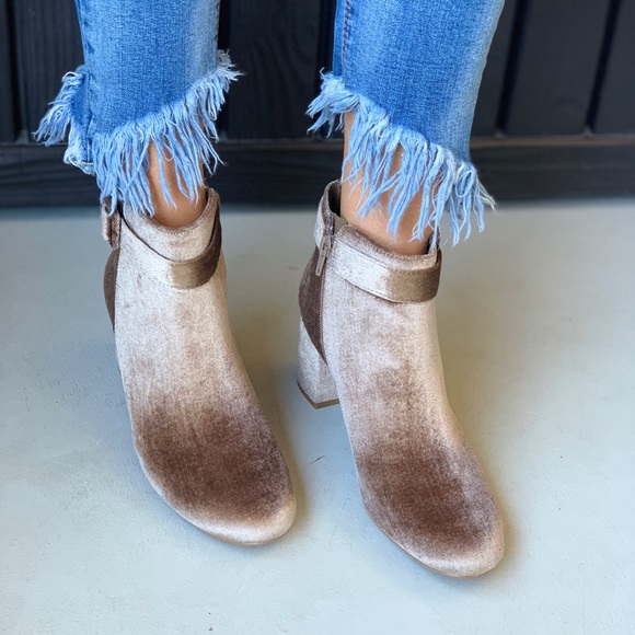 Champagne Crushed Velvet Buckled Ankle Bootie - Picture 3 of 5